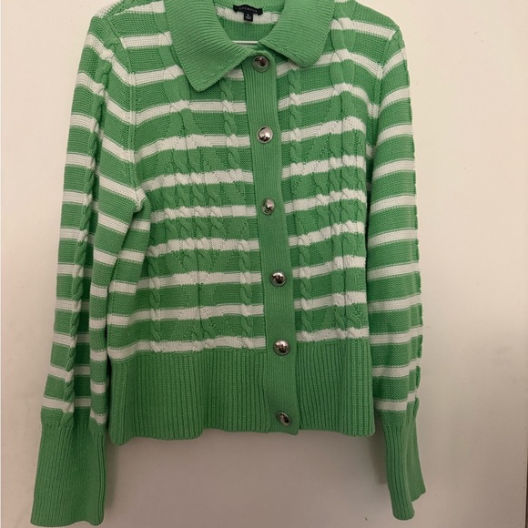 Talbots Sweaters - Talbots Green and White Striped Cardigan